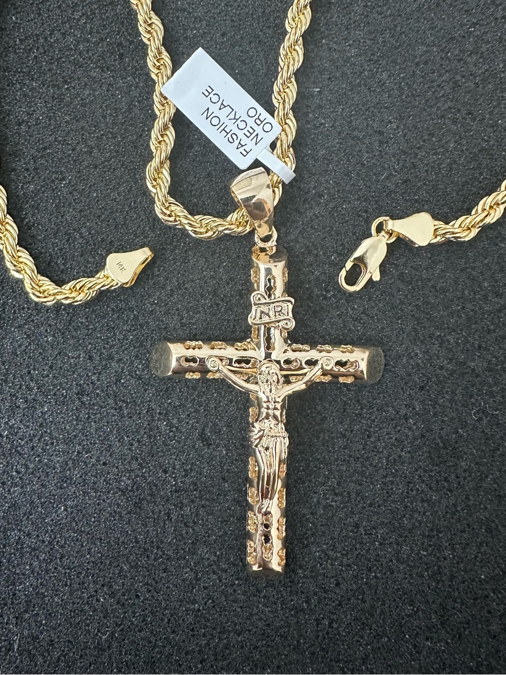 New Gold plated cross Jesus Crucifix Pendant charm with new Rope Chain